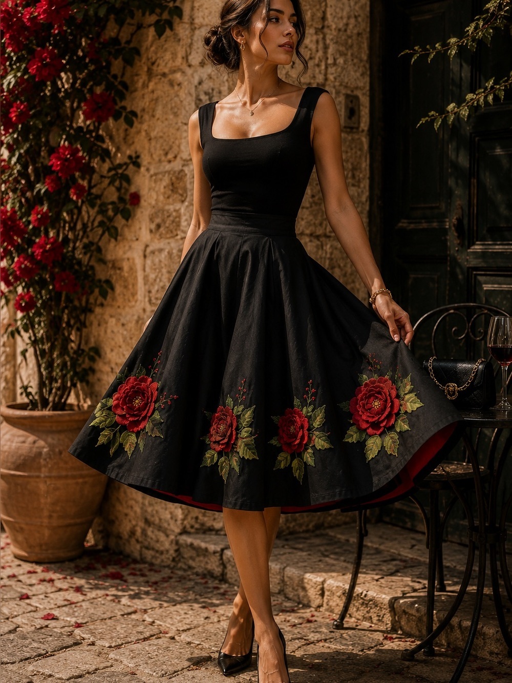 Persaman NY Black Rose Appliqué A-Line Skirt Red Lining Romantic Statement Sz 8